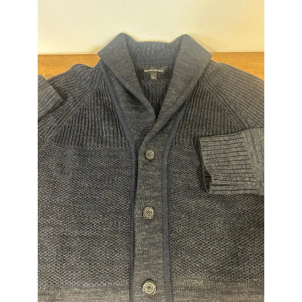 Banana Republic L Cardigan Dark Blue Shawl-Collar Ribbed Grandpa-Core Fine Wool